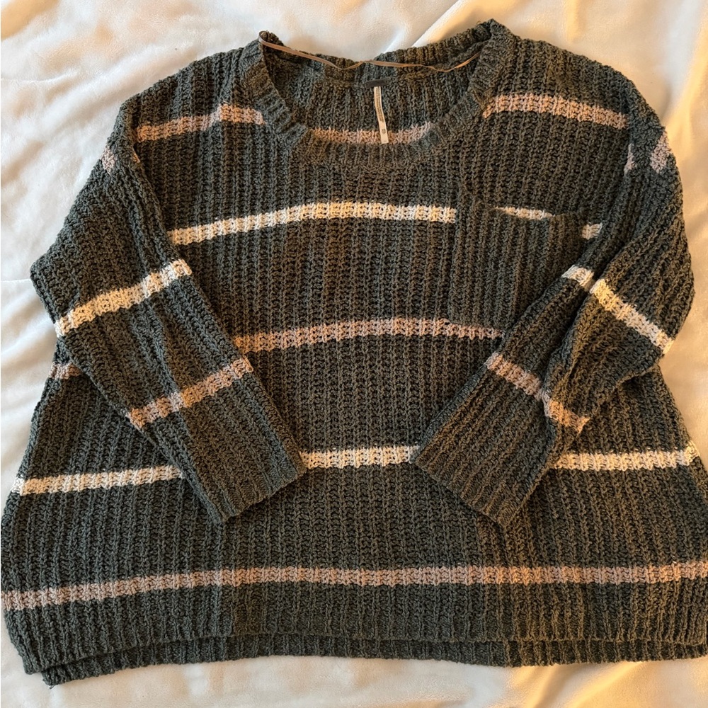 Free People Textured Striped Sweater - Gray and Pink